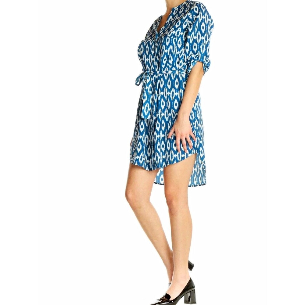 Maeve Anthropologie Frequencies Ikat Shirt Dress Blue White High Low Belted Sz M